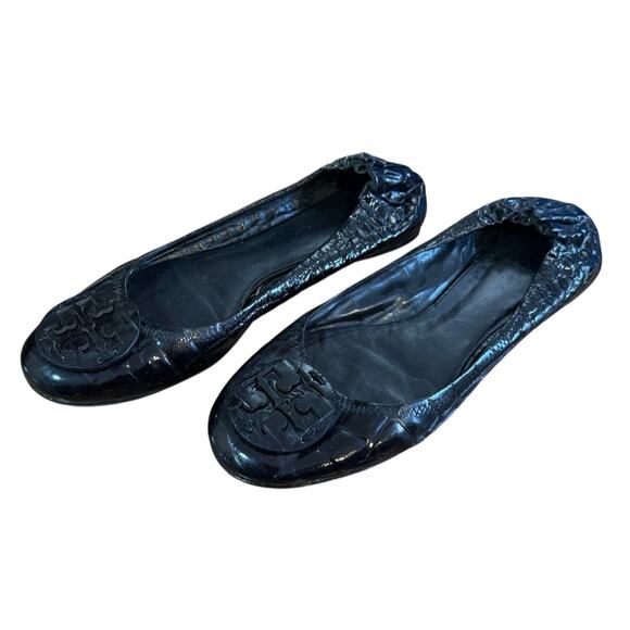 TORY BURCH Reva Black Leather Croc Print Ballet Slip On Flats Scrunch Back 11M - Picture 2 of 11